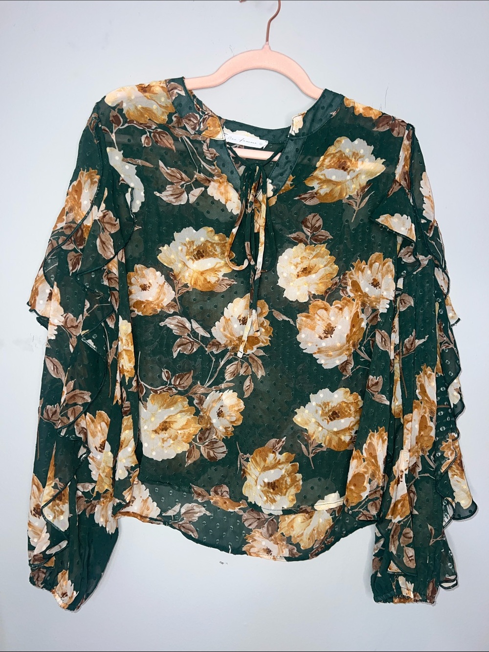 Ces Femme Forest Green Floral Tie-Neck Blouse